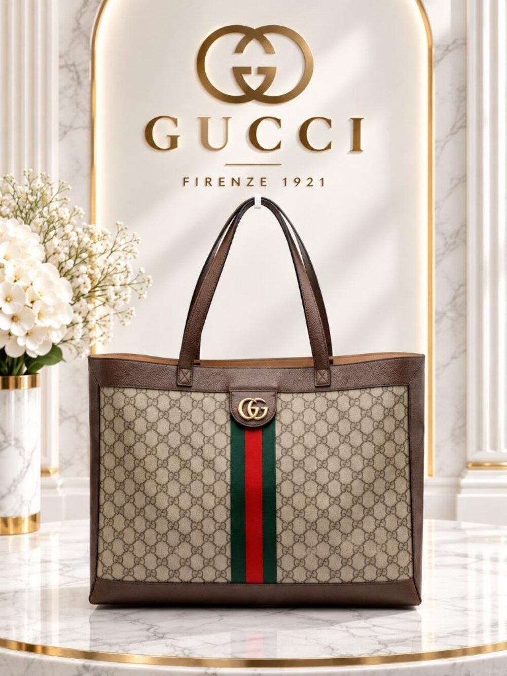 Authentic Gucci Ophidia GG Supreme Canvas Large Tote Bag Web Stripe Shoulder Bag